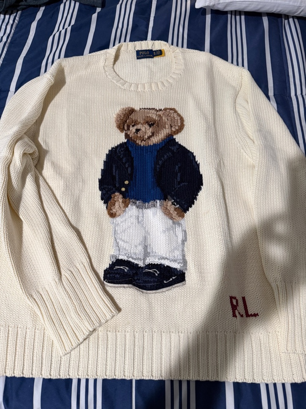 Polo by Ralph Lauren Cream Crewneck Sweater with Bear Intarsia